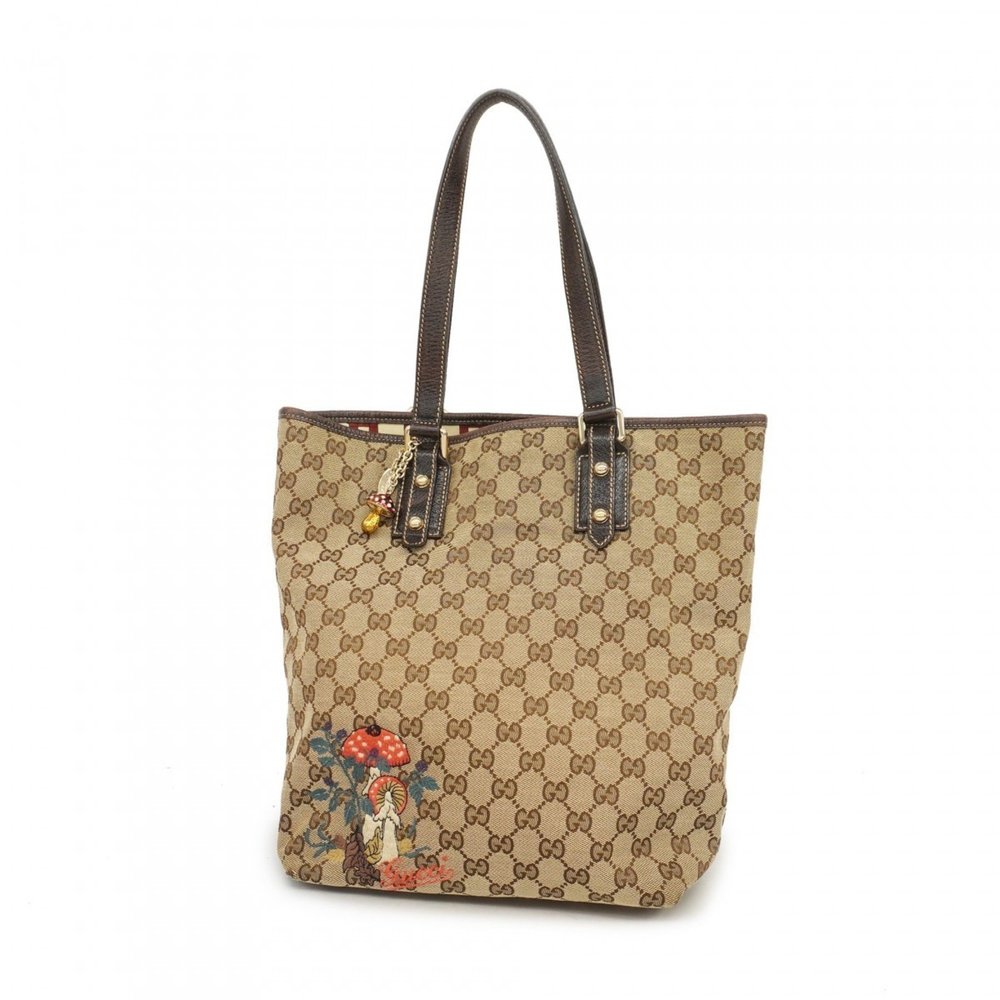Vintage Gucci Beige and Brown Tote Bag w/mushroom accents